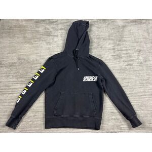 American Eagle Hoodie Mens XS Black Graphic Logo Sleeve Print Pullover Cotton